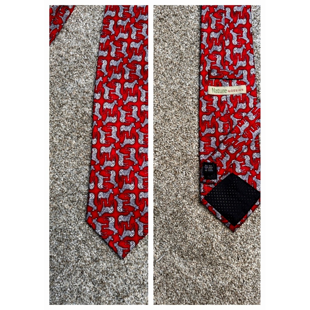 Nature By Design Tie Necktie Zebra Red Silk Hand Made Wide Zoo Animal Mens Craft